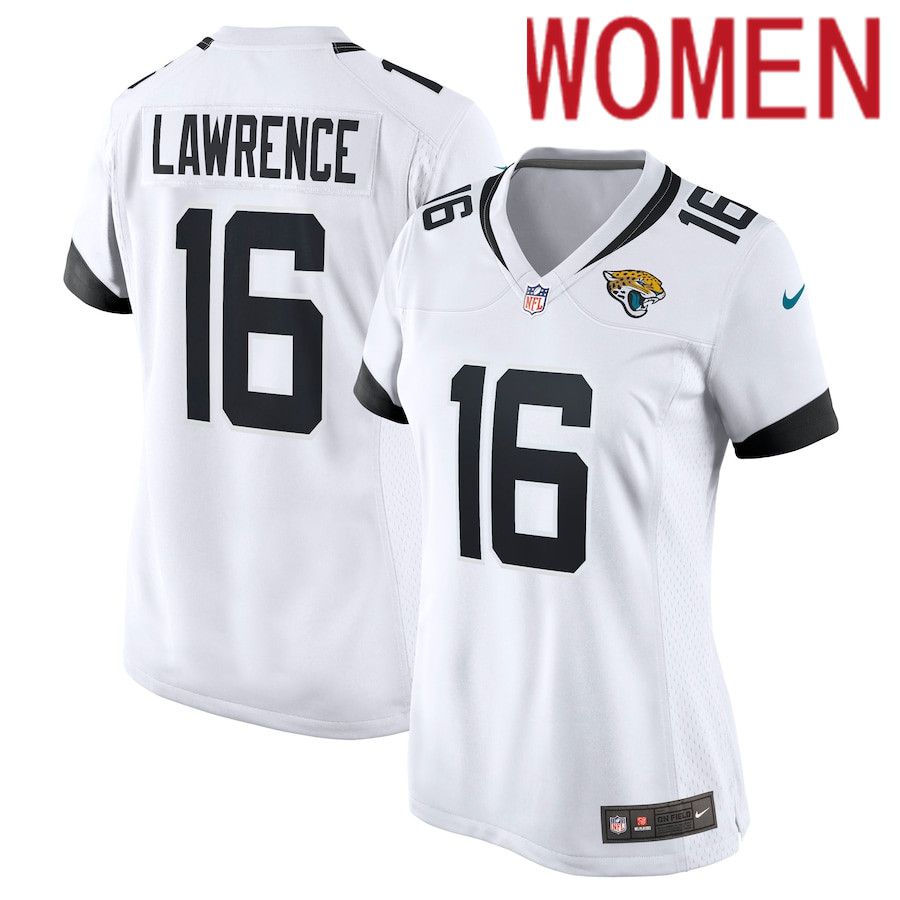 Women Jacksonville Jaguars #16 Trevor Lawrence Nike White 2021 Draft First Round Pick Game NFL Jersey->women nfl jersey->Women Jersey